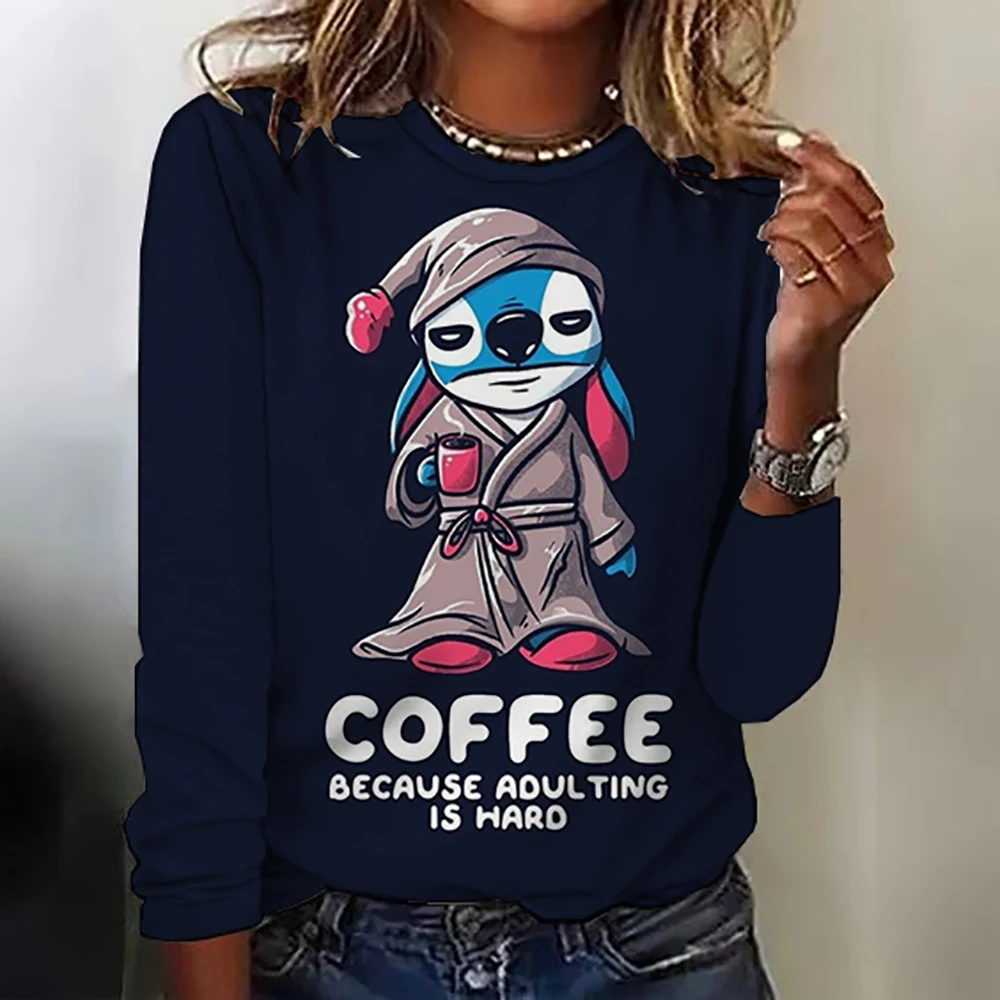 Kawaii Lilo Stitch Print Women\'s T-shirt Women\'s Long Sleeve T-shirt Casual O-Neck Ohana Stitch Disney T-shirt