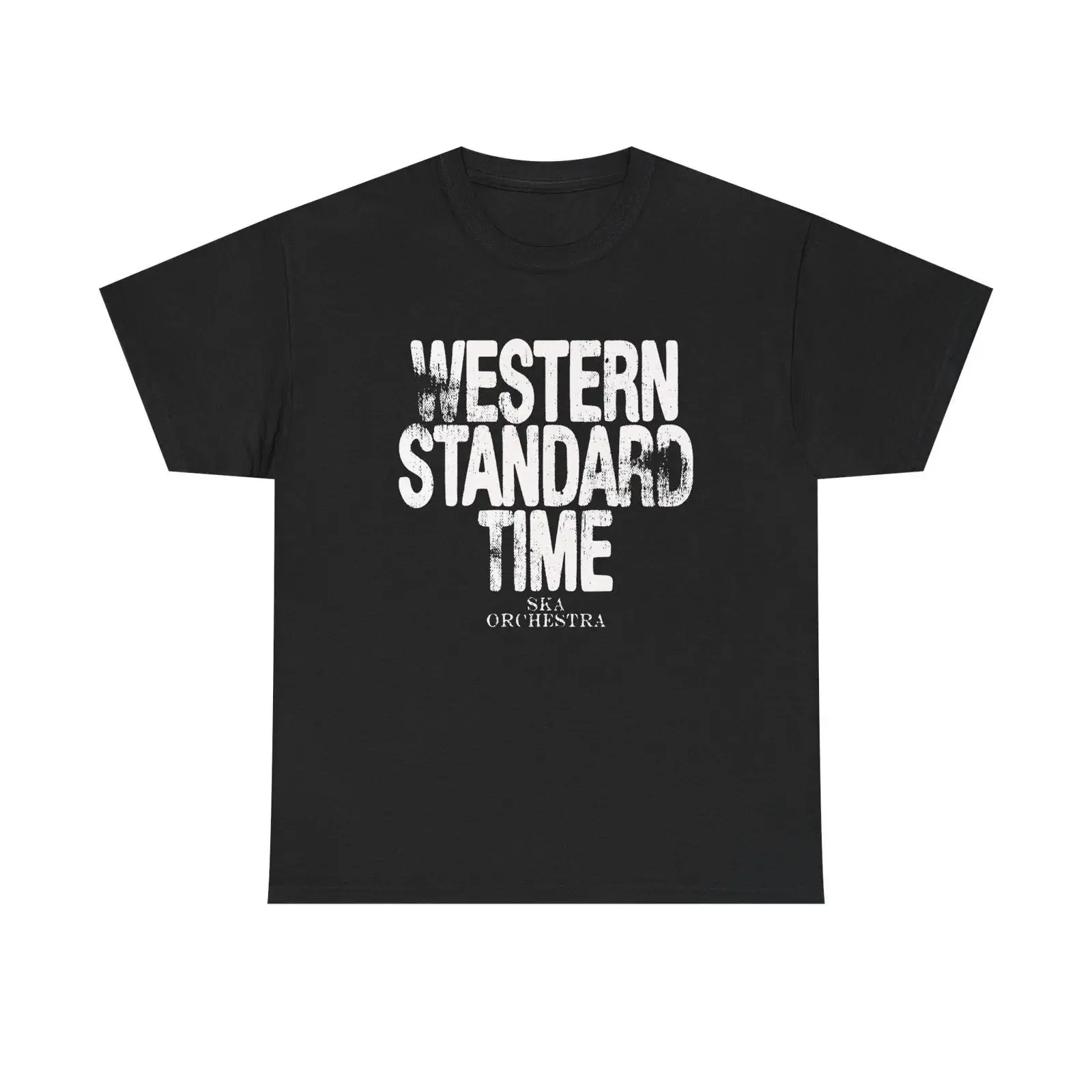 Western Standard Time T-Shirt mit minimalistischem Text, Retro-Typografie, Travel Zone, moderner Vintage-Look, gewaschene Designerkleidung, weiche Grafik