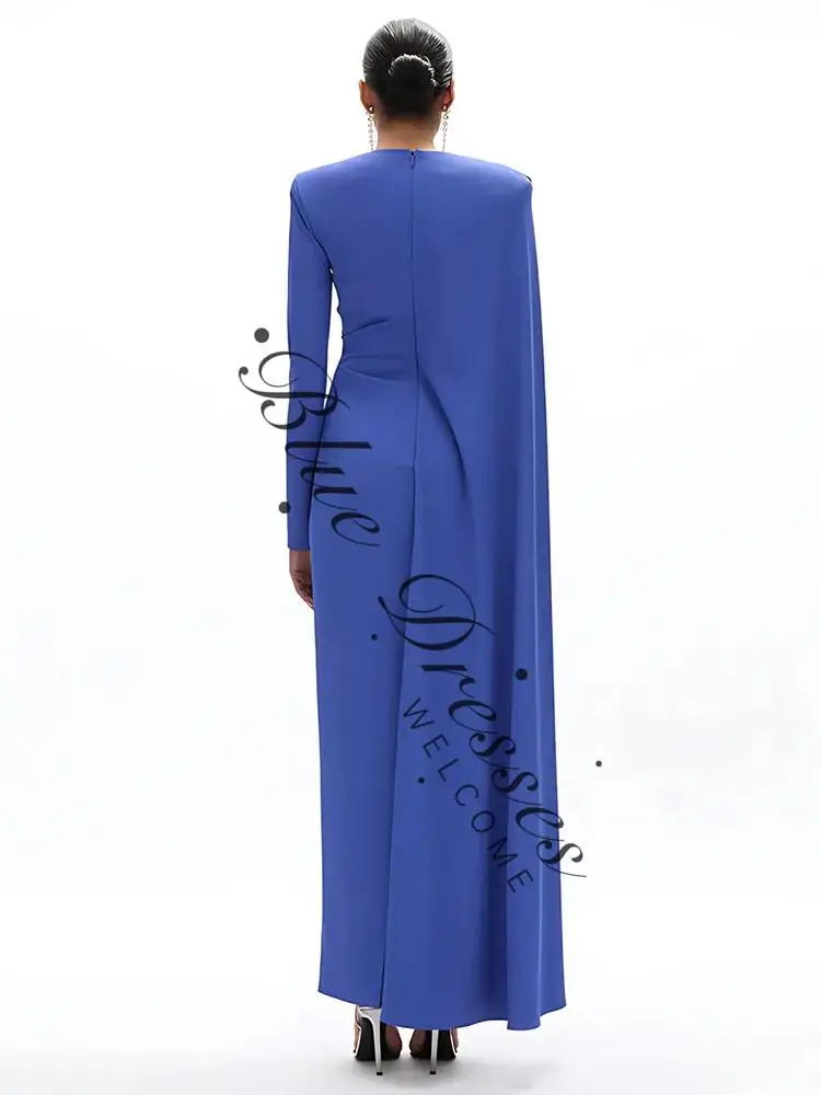 ชุดเดรสยาวแขนยาวสำหรับผู้หญิง ดีไซน์หรูหรา พร้อมผ้าคลุมไหล่แบบเดรป ชุดราตรีออกงานสีน้ำเงินรอยัล ดูสง่างามและมีระดับ
