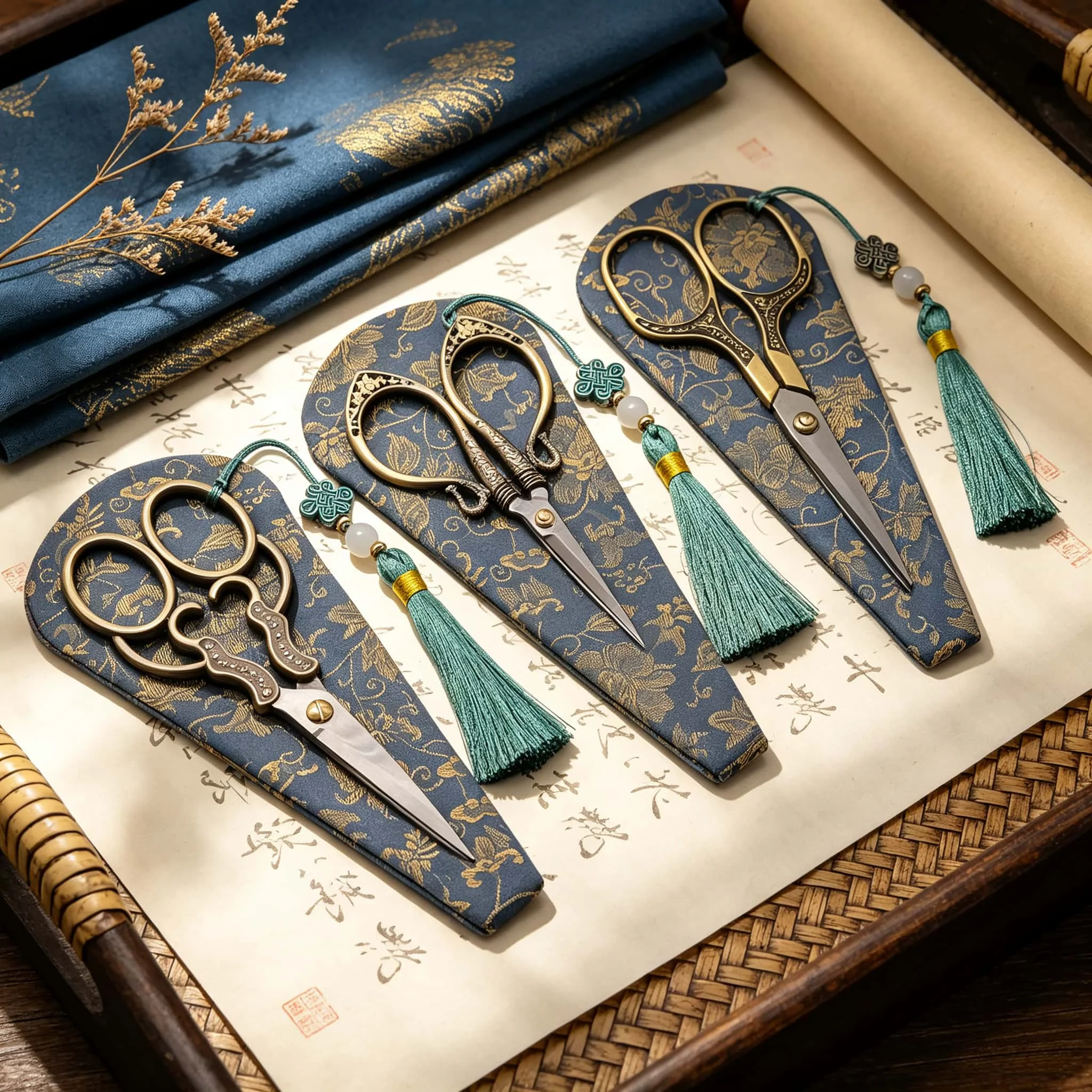 3Pcs Vintage Sewing Scissors Kit Stainless Steel Embroidery Snips Protective Cover Tassel for Cross Stitch Thread Cutting
