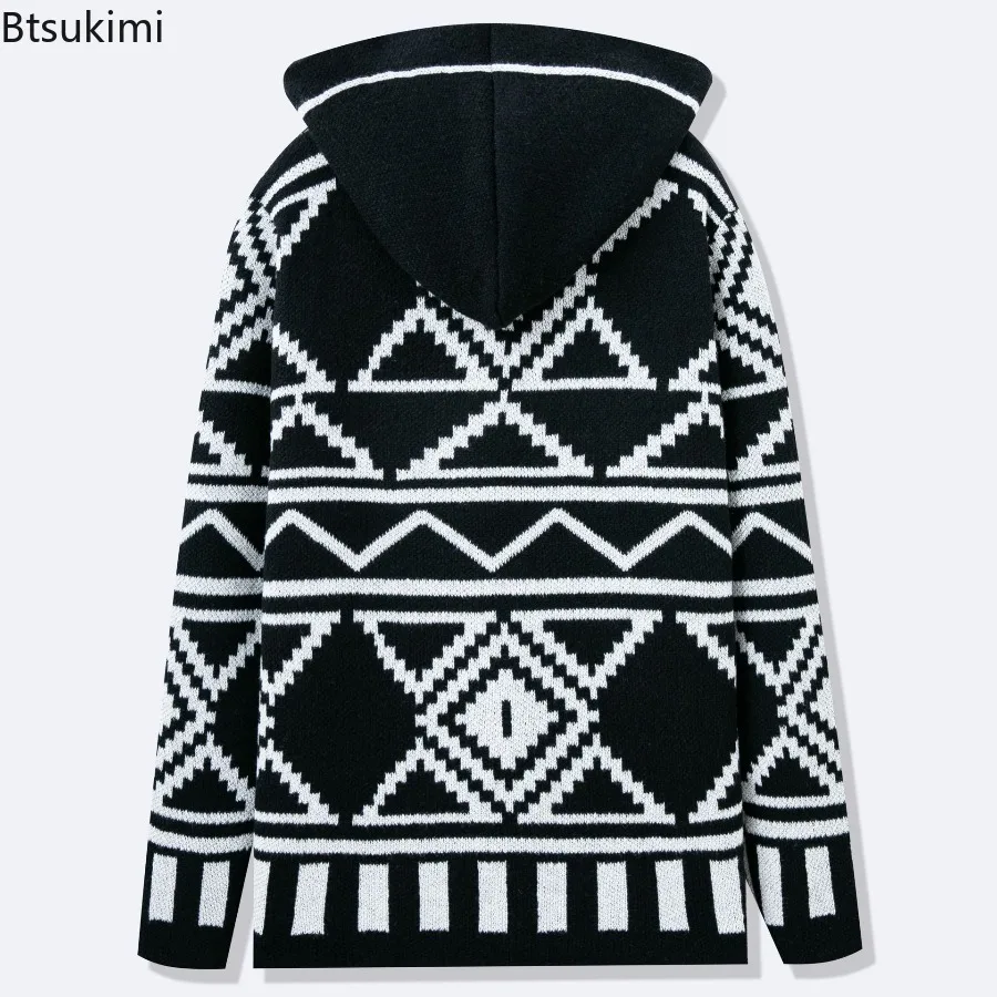 Fashion New Style Men's Clothes Autumn Winter Knitted Hooded Cardigans Streetwear Vintage Jacquard Middle Length Sweater Jackets