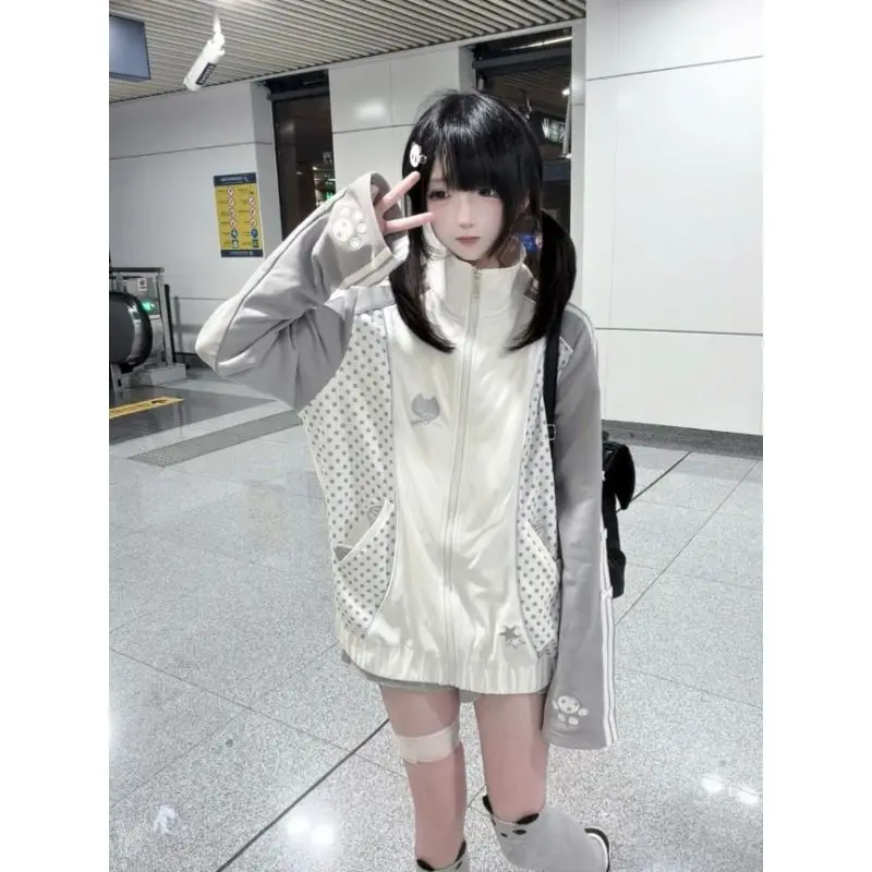 Japanese Yami Kawaii Subculture Coat Women's Long Sleeve High Neck Polka Dot Cat Paw Embroidery Coat Cute Jirai Kei Y2K Jacket - view 5