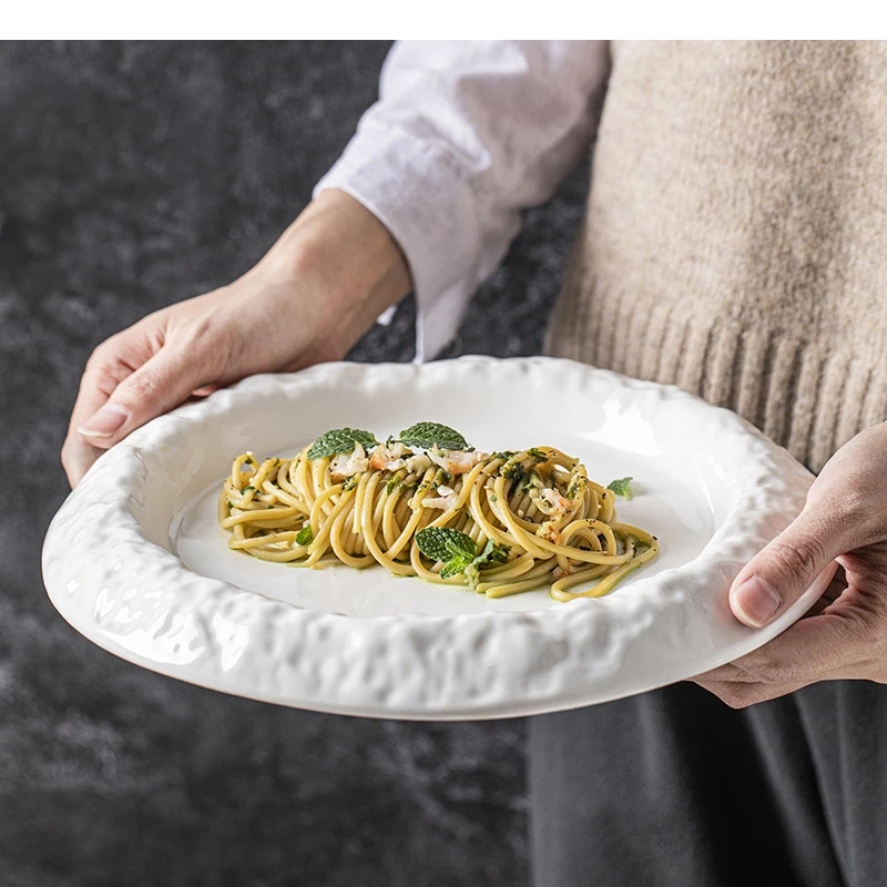 

Керамическая обеденная тарелка с тиснением Xuefeng, основный курс ресторана, миска для стейка, риса, домашняя кухня, белая посуда, десерт