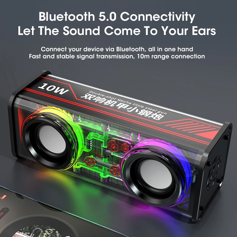 

Мини-колонка Bluetooth 5.0, двойные беспроводные колонки с RGB-подсветкой, 1800 мАч, прозрачный корпус, эффект механического освещения, громкоговоритель, бас-сабвуфер