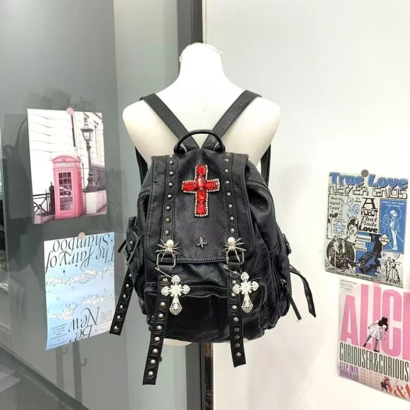 Red Crystal Cross Silver Spider White Cross Rivet Gothic Rucksack Y2K Punk Black Faux Leather Backpack