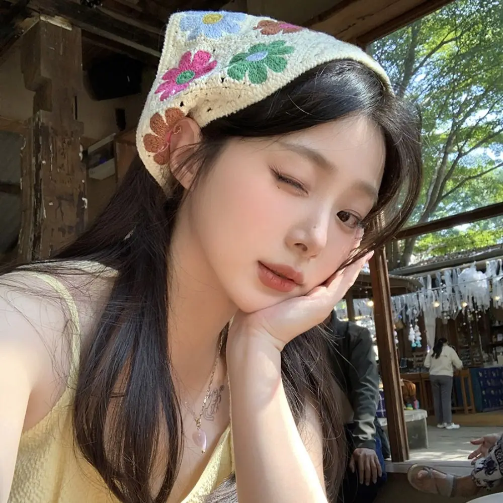 Vintage Hair Band Knitted Headband Floral Bohemian Triangle Turban Hollow Out Flower Crochet Bandana Travel