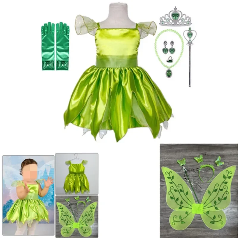 Christmas Fancy Dress Up Costumes Angel Flower Elves Tinkerbell Dress for Girls Green Halloween Kids Cosplay Princess Ball Gown