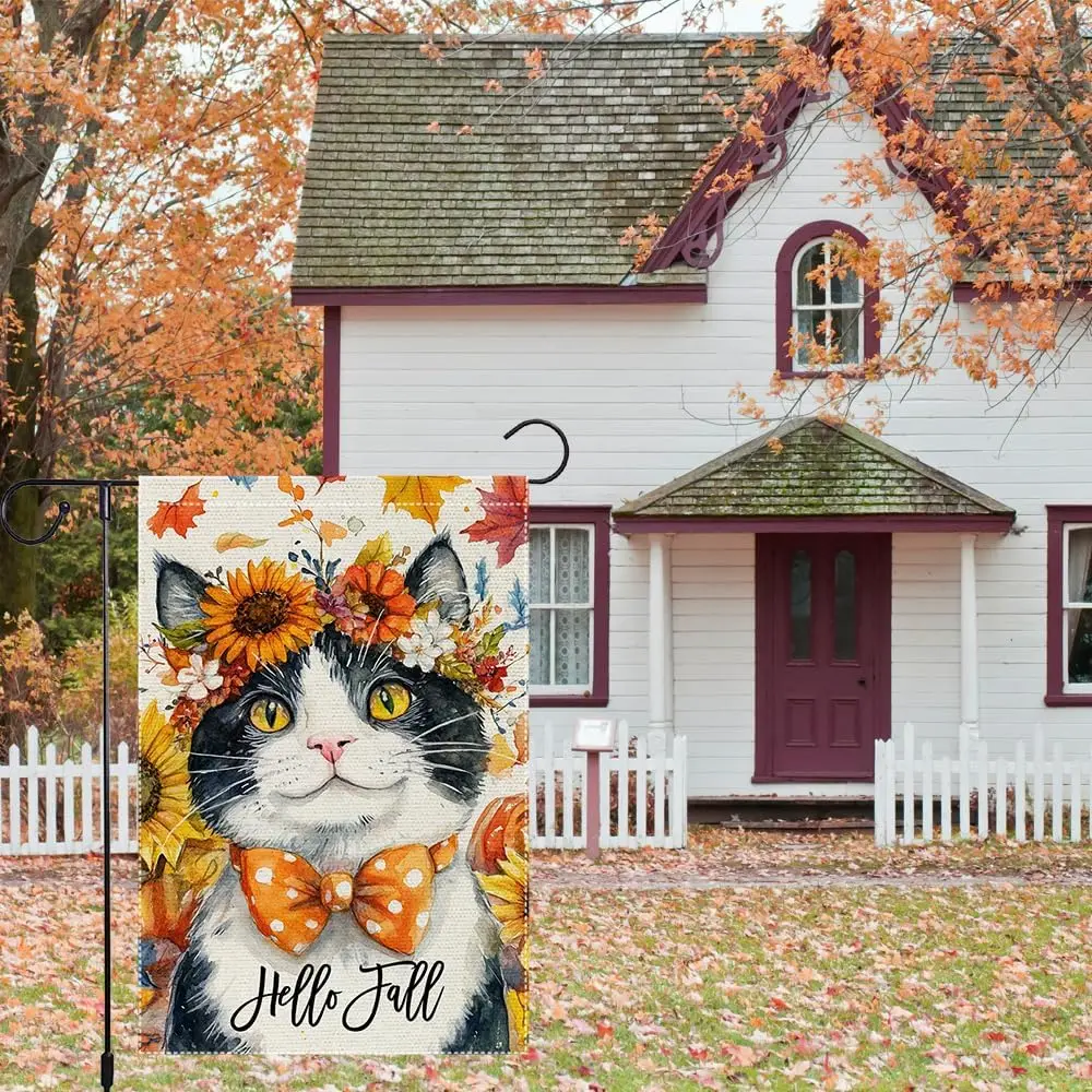 مرحبا الخريف حديقة العلم القط حديقة أعلام 12x18 بوصة مزدوجة الوجهين الخيش الصغيرة الخريف منقطة Bowknot ديكور خارج ساحة La HZZ
