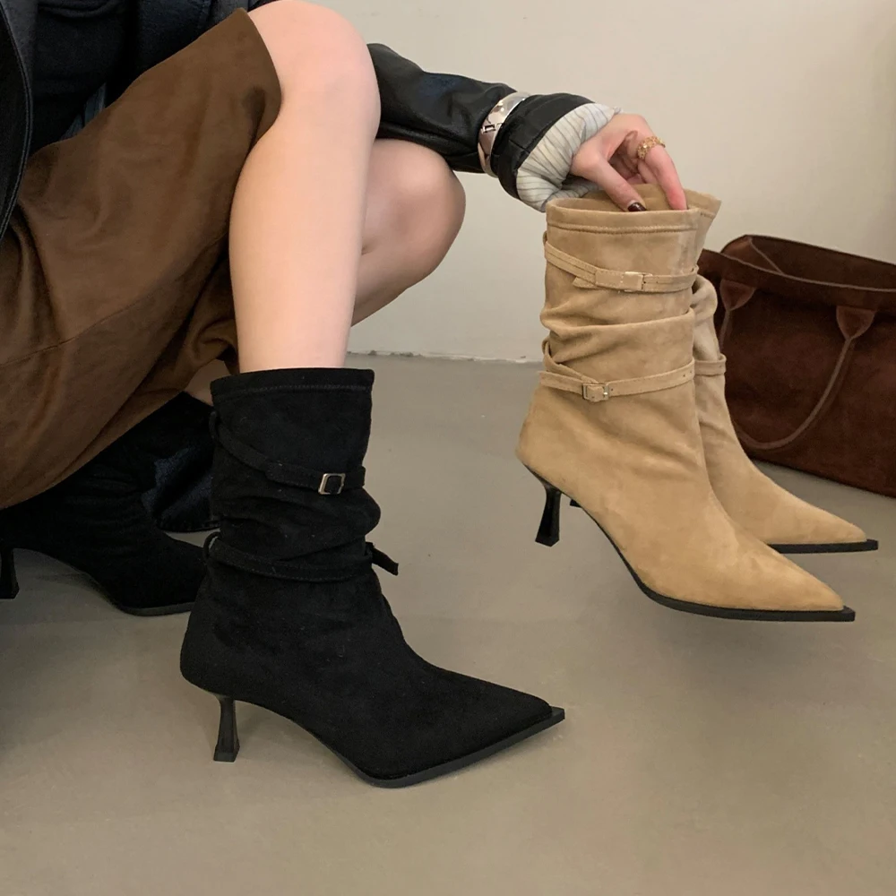 

Women's Buckle Strap Ankle Booties 2.76 Inch Pointed Toe High Heels Dress Stiletto Heels Suede Fall Sock Boots Shoes