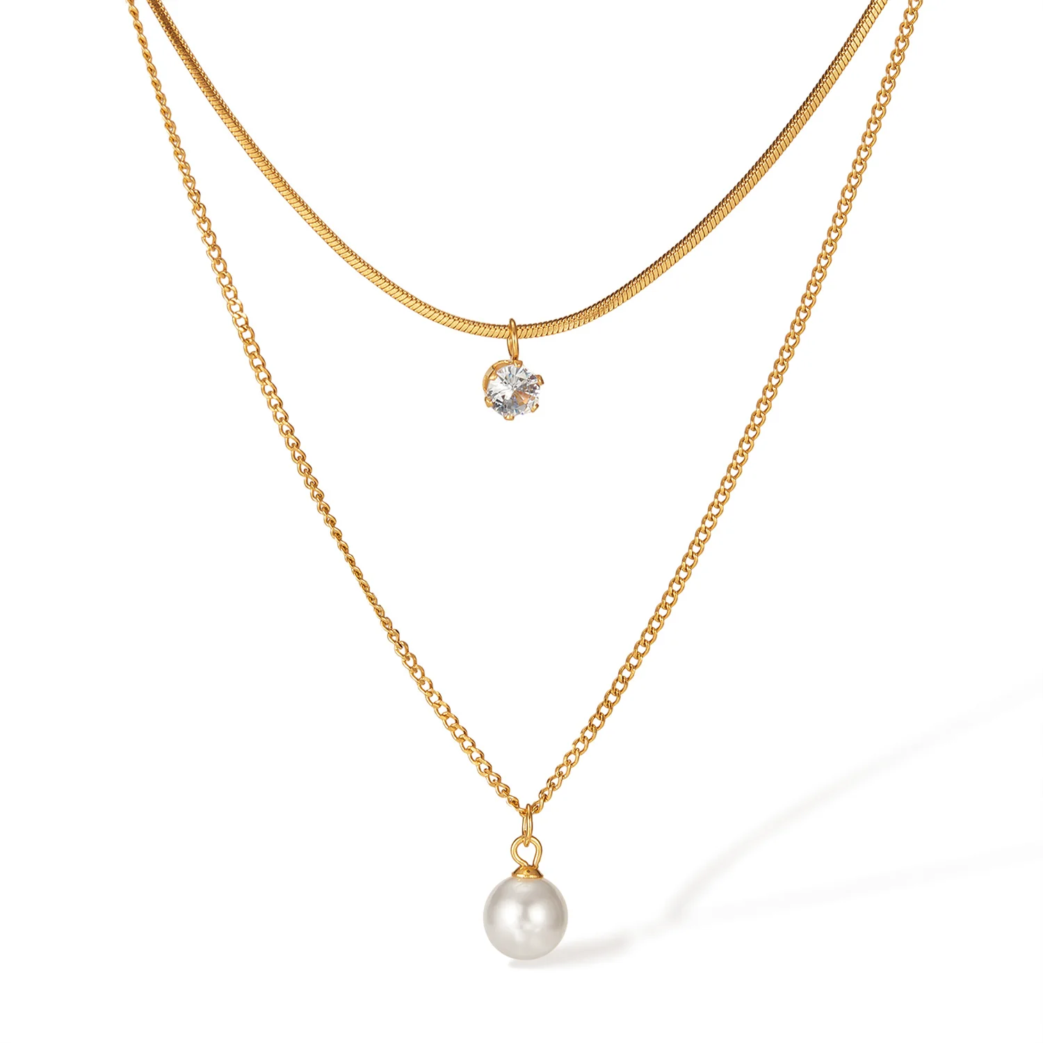 

Double Layer Pearl & Zircon Necklace for Women – Elegant Stainless Steel INS Style Collarbone Chain