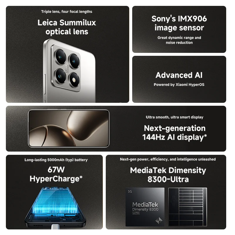 الإصدار العالمي الجديد لهاتف Xiaomi 14T 5G الذكي MediaTek Dimensity 8300-Ultra CPU 12GB RAM 144 هرتز AI Display 50MP 67W HyperCharge NFC
