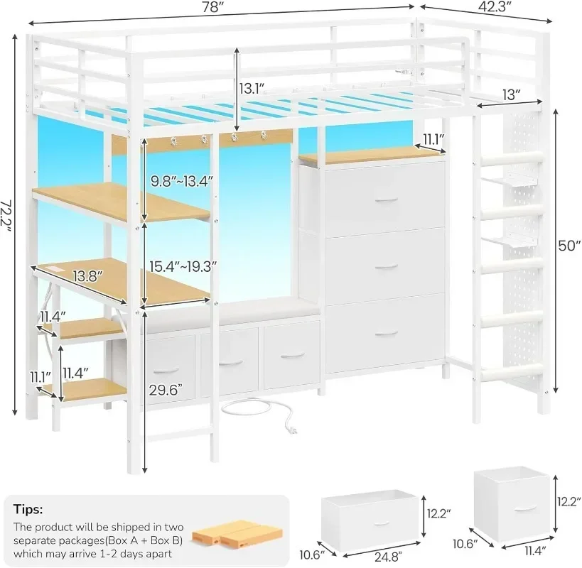 DICTAC Twin Loft Bed with 6 Storage Drawers,Coat Rack and Open Shelves Metal Twin Size Loft Bed with Desk,Charging Station
