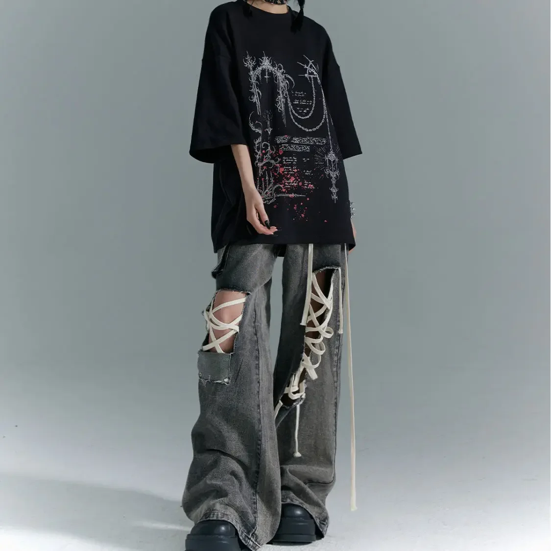 Women Ribbon Ripped Hole Baggy Jeans Black Vintage Oversize Cargo Strap Design Pocket High Waist Y2k Fit Slimming Wide Leg Pant