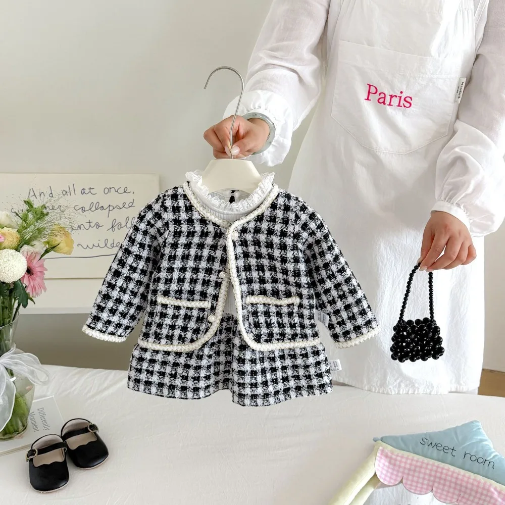 2026年秋ベビーガール服セット-0-3歳プリンセス子供用長袖パッチワークドレス-チェック柄ジャケットコート-2点セット服