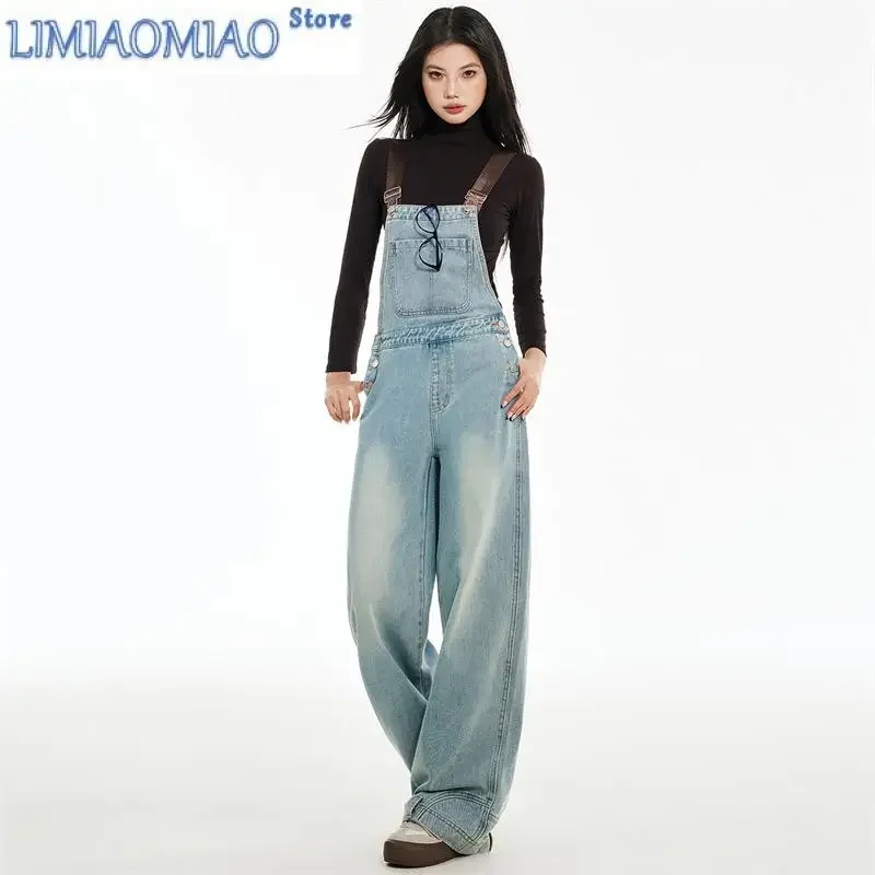 

Rompers Womens Jumpsuit Loose Striaght Wide Leg Denim Jumpsuits Ladies High Waisted Streetwear Denim Overalls Sky Blue