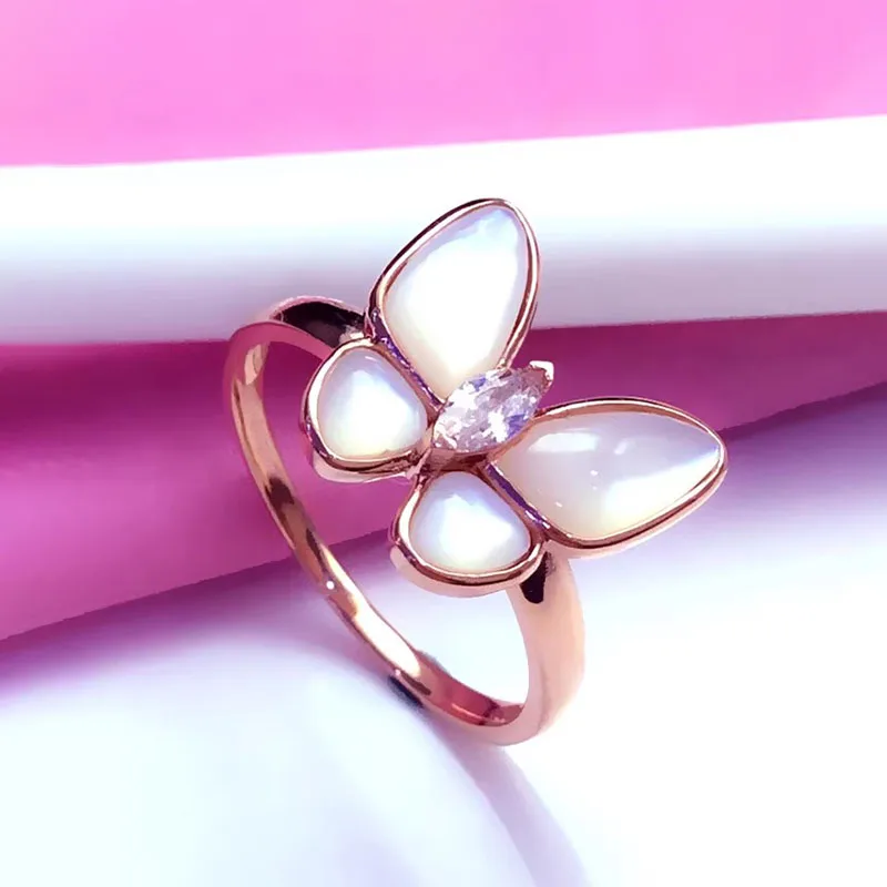 New in 585 Purple Gold Butterfly Rings for Women Plated 14K Rose Gold Inlaid White Fritillaria Crystal Ring Fine Jewelry