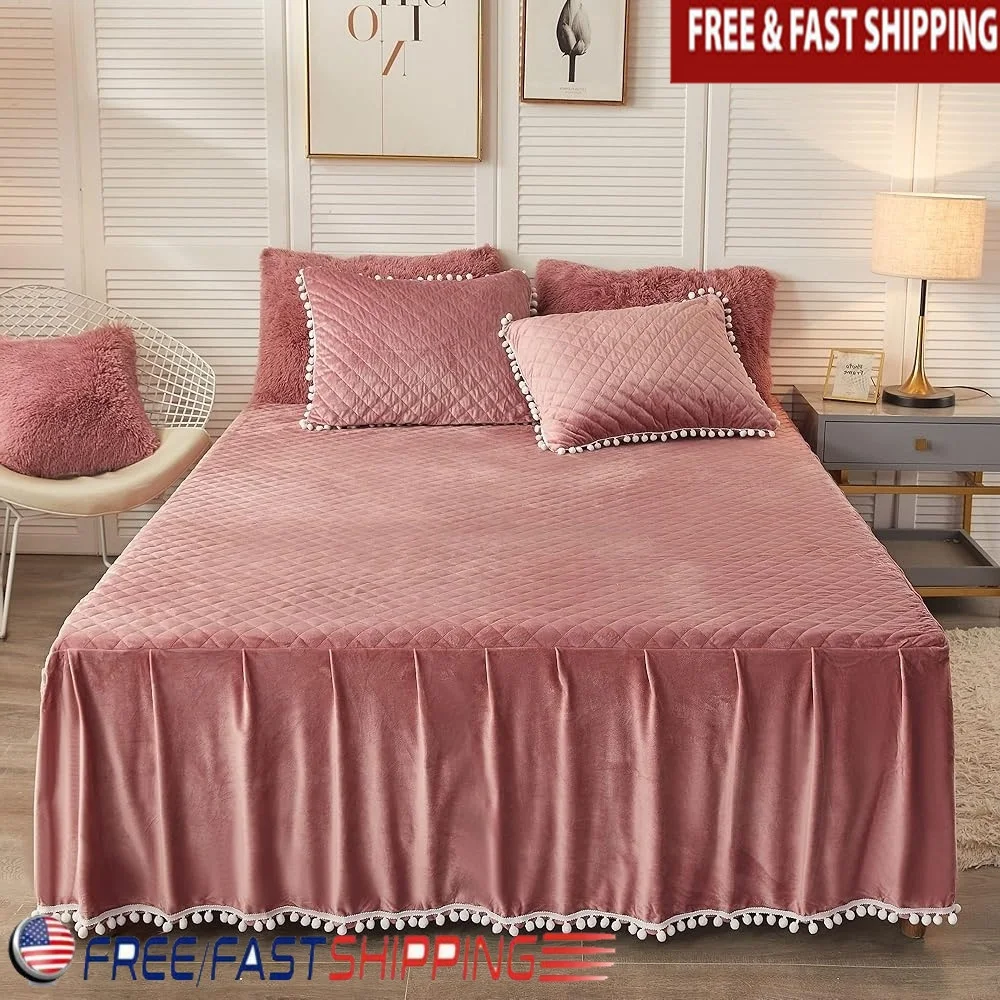 

Luxury Velvet Fitted Bed Sheet with Pom Poms Ruffled Bed Skirt 18 Inch Drop Soft Cozy Bedroom Decor