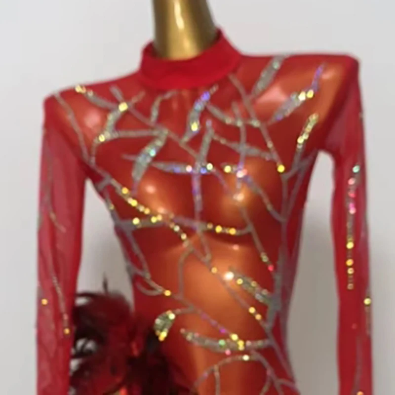 Latin Dance Competition Women's High-end Custom Sexy Micro Transparent Rhinestone Evening Dress Performance Costume Dress