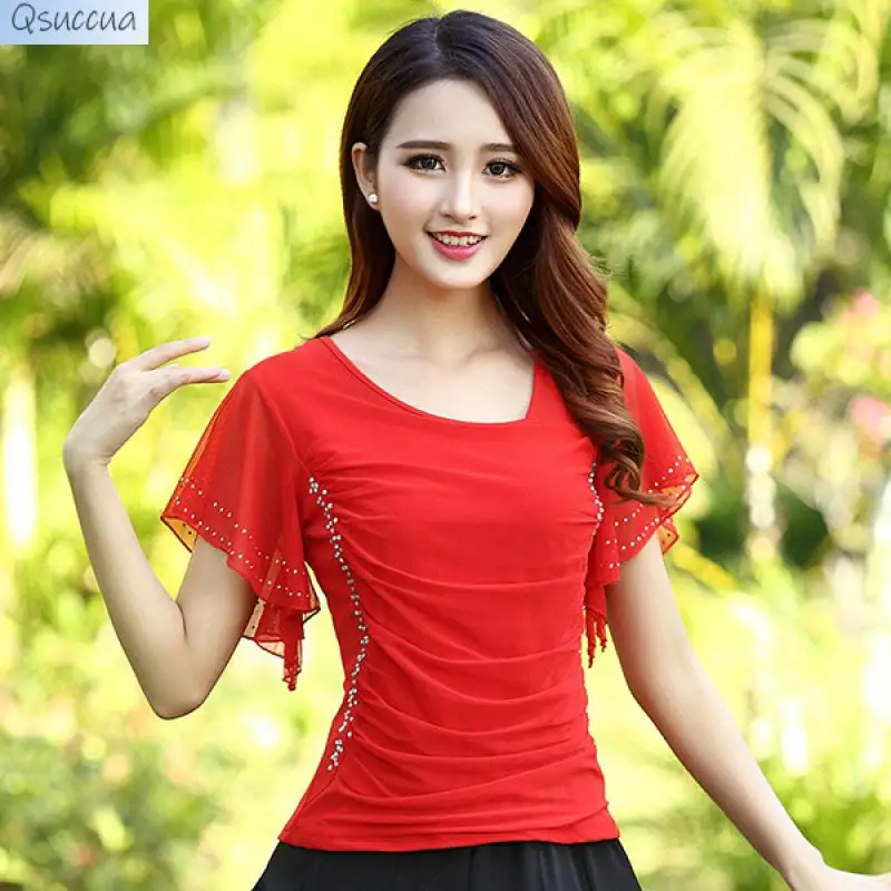 New Latin Stage Dance Clothes Tops Short-Sleeved Women's Square Dance Clothes