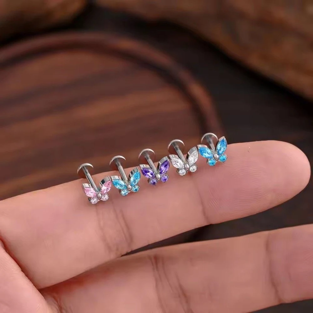 1PC G23 Titanium Butterfly Labret Piercing Lip Stud Cluster Zircon Tragus Flat Cartilage Stud Earrings Nose Piercing Jewelry view 4