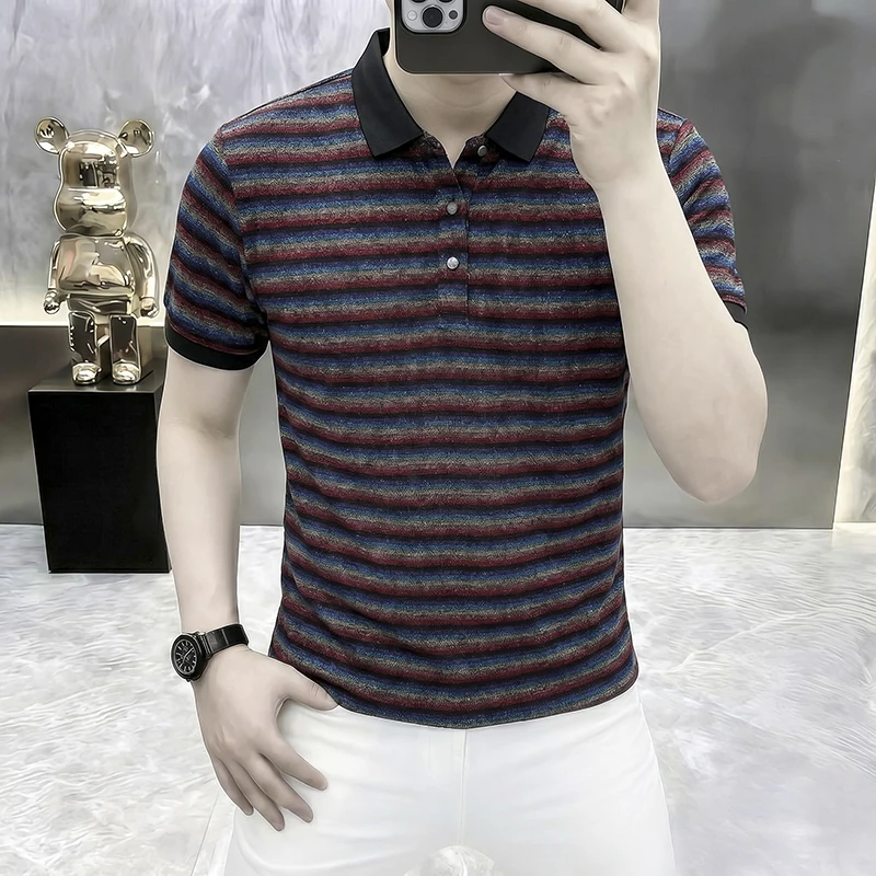 Leisure Striped Print Men's Polo Shirts Short Sleeved Easy Care Summer Quality Polyester Elastane Blend Slim Fit Polos De Hombre