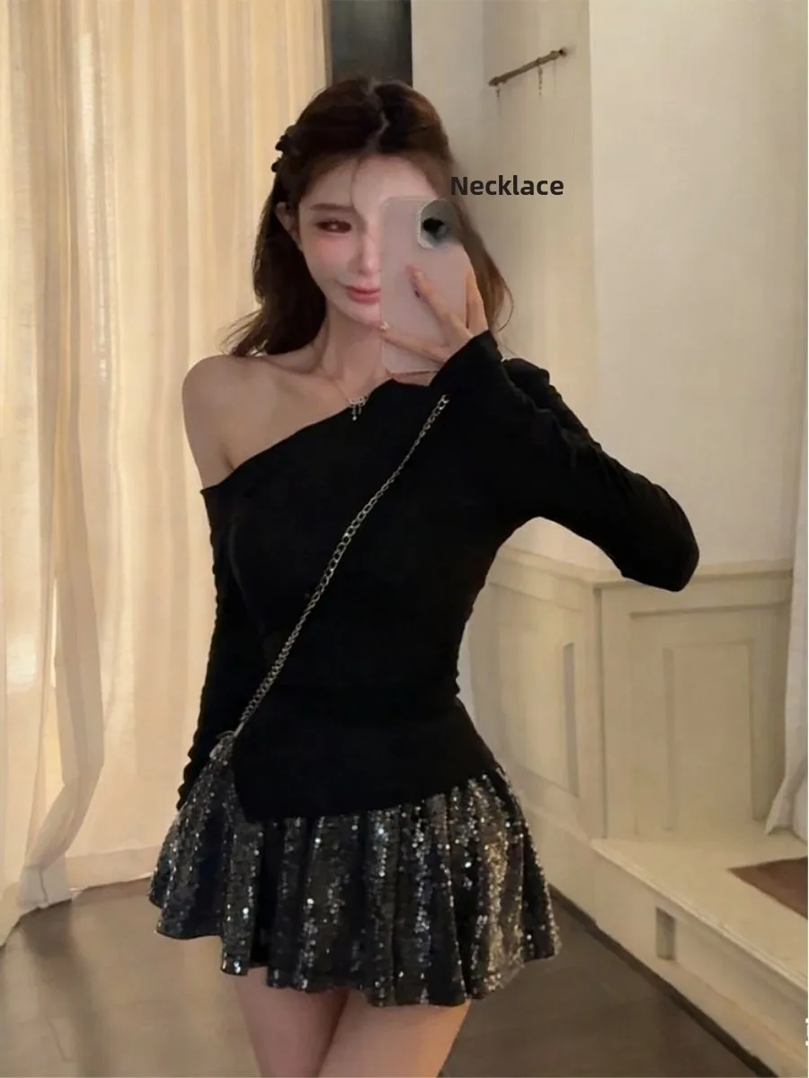 

Spring 2026 Women's Fashion Set Sexy Half-length Asymmetrical Short Skirt And Shoulder-bearing Top in Pure Color for Young Women