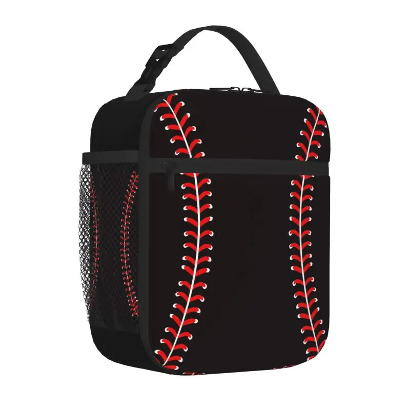 Red Baseball Stitches Lunch Bag Women Men Reusable Oxford Bento Tote Bag Portable Thermal Lunch Box for School Picnic Travel
