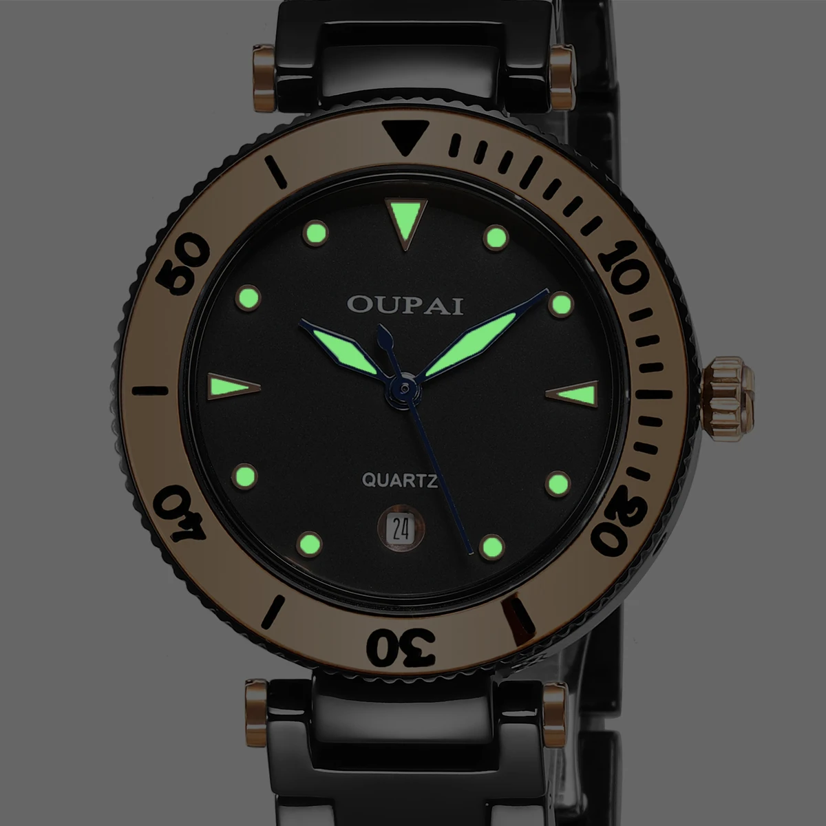 Oupai watch women's black ceramic Japan quartz move fashion simple luminous calendar simple waterproof