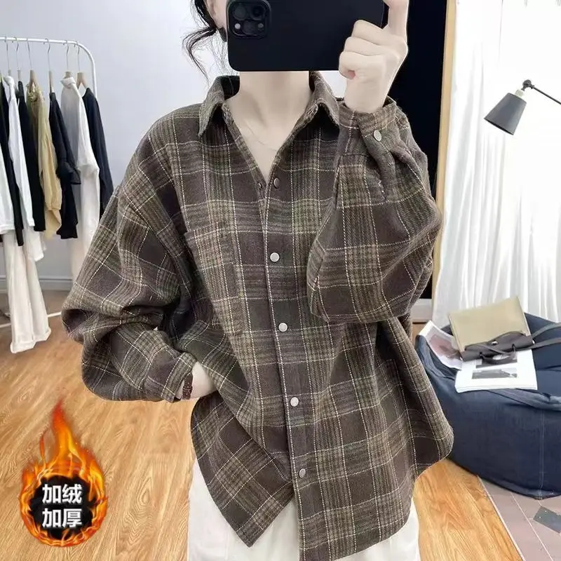 Spring and Autumn New Plush Thickened Shirt Women's Outerwear Western Style Checkered Shirt Arctic Plush Shirt