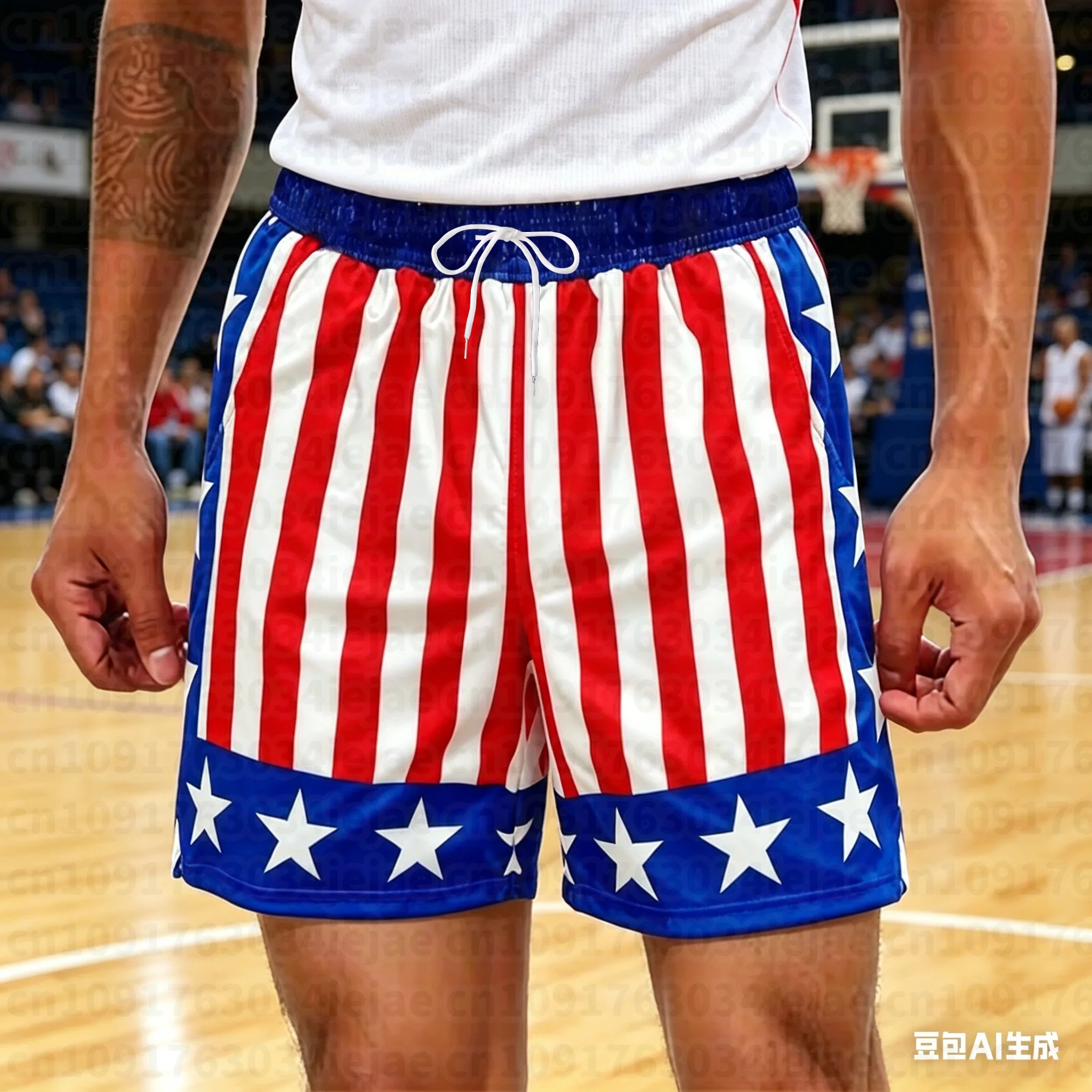 Rot-weiß-blaue, gestreifte Shorts mit Sternen, patriotische Freizeitshorts, Kinder-Shorts im amerikanischen Streetstyle, Oversized-Sommer-Shorts, lässige Alltagskleidung. – Detail 5