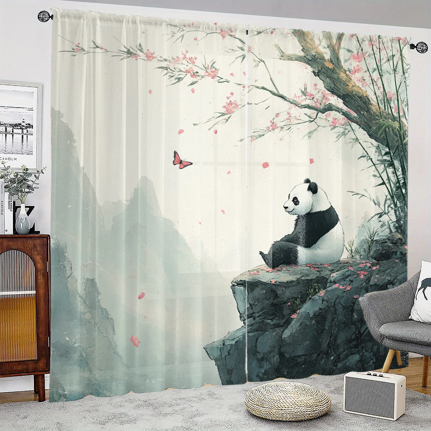 2PCS Panda Peach Blossom Butterflies Print Curtains Rod Pocket Top for Living Room Bedroom Study Home Decor