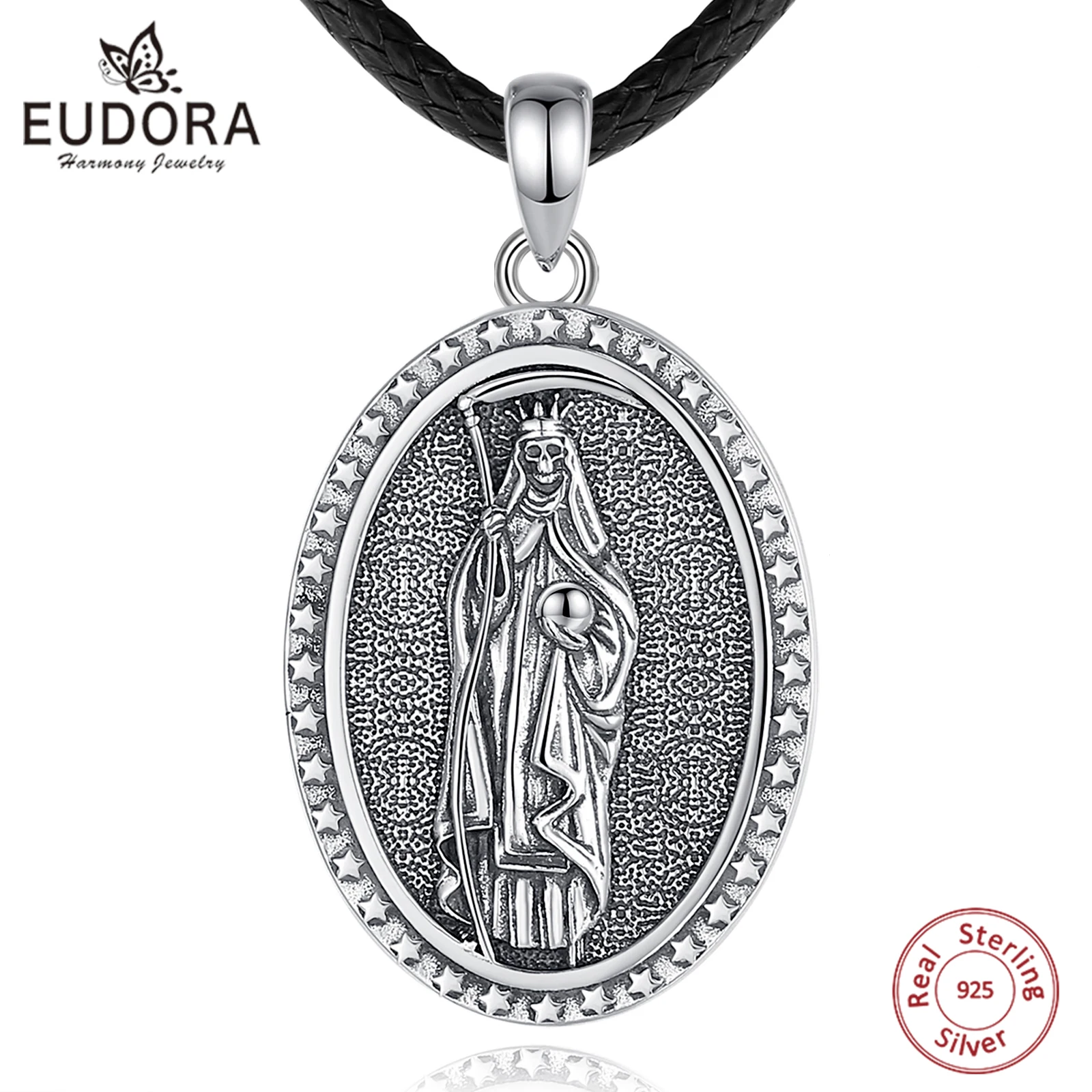 

Eudora 925 Sterling Silver Holy Death Scythe Necklace for Women Man Vintage Santa Muerte Mexican Pendant Personality Jewelry Gif