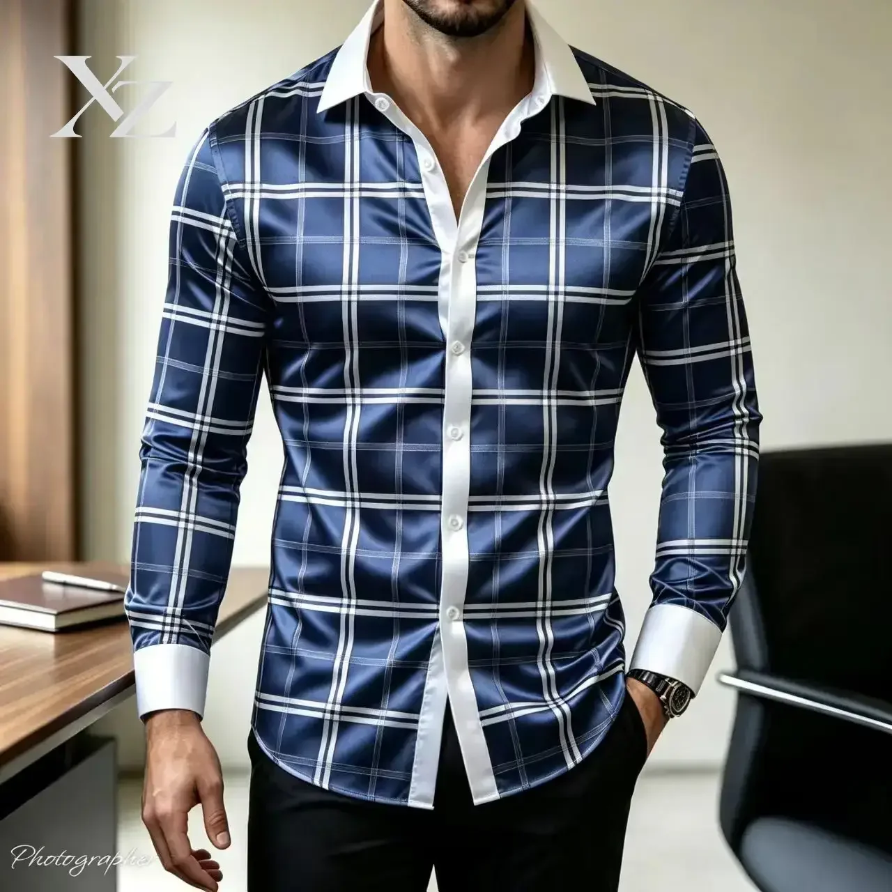 Hot Sale Men's Slim Fit Long Sleeve Plaid Dress Shirt with Contrast Collar Luxury Satin Checkered Button Down Business Casual