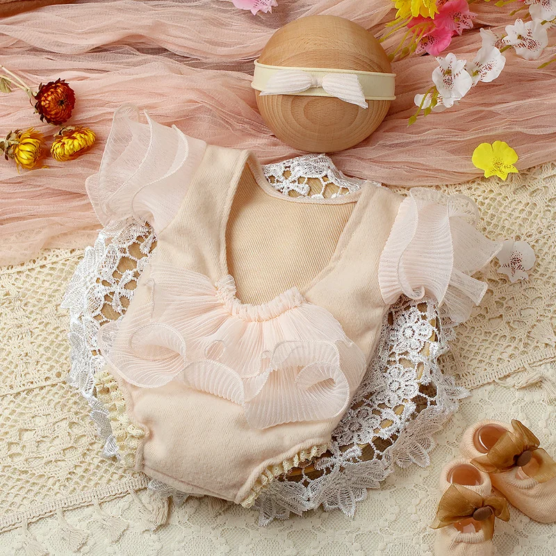 Ylsteed 2 Pieces Set Beige Newborn Photography Costume Lace Romper Bow Headband Set Baby Girl Photo Shooting Outfits