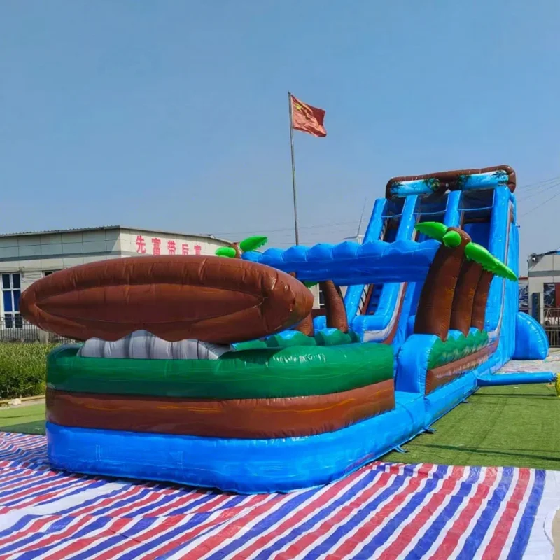 Commercial Tropical Beach Inflatable Water Slide Giant Triple Lane 0.55mm PVC Tarpaulin Water Slide with Pool for Outdoor Fun