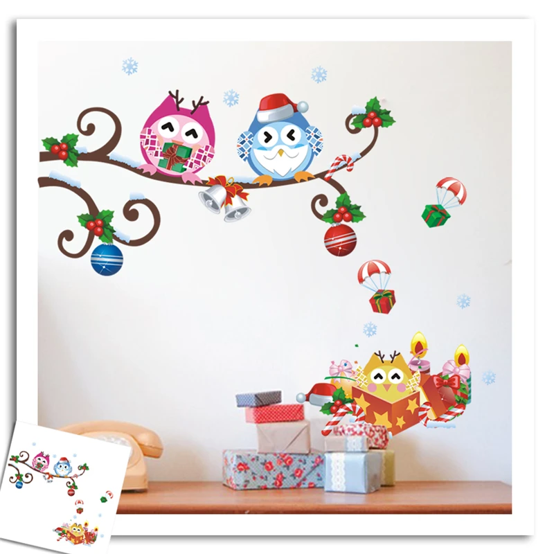 Lovely Owlets Merry Christmas Wall Stickers For Kids Bedroom Home Decoration Diy Festival Mural Art Animals Wall Decal Poster