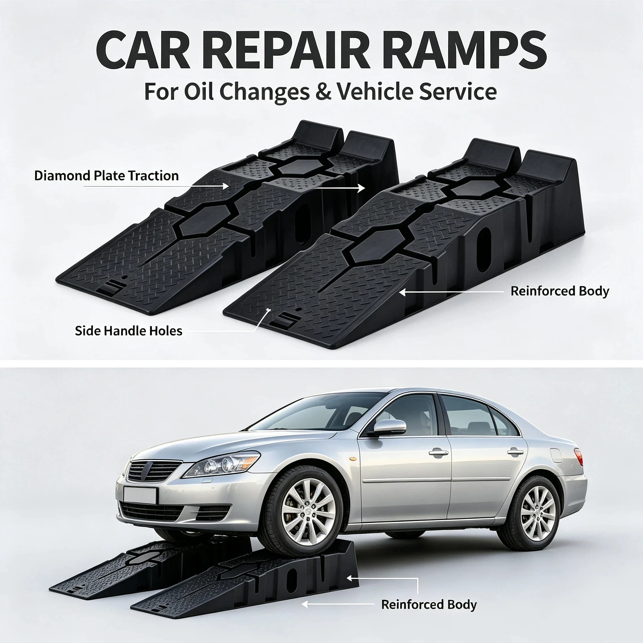 Black 2500kg Heavy-Duty Car Ramps 900mm Long Anti-Slip Work Ramps for Oil Change And Car Repair Maintenance Lift Tools Set