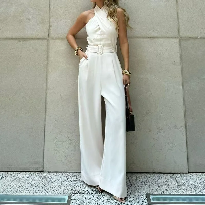 

Sexy Backless Slim Fit Fashion Jumpsuit Neck Hanging Design High Waist Long Pants Polyester Fabric Women's One-Piece Suit