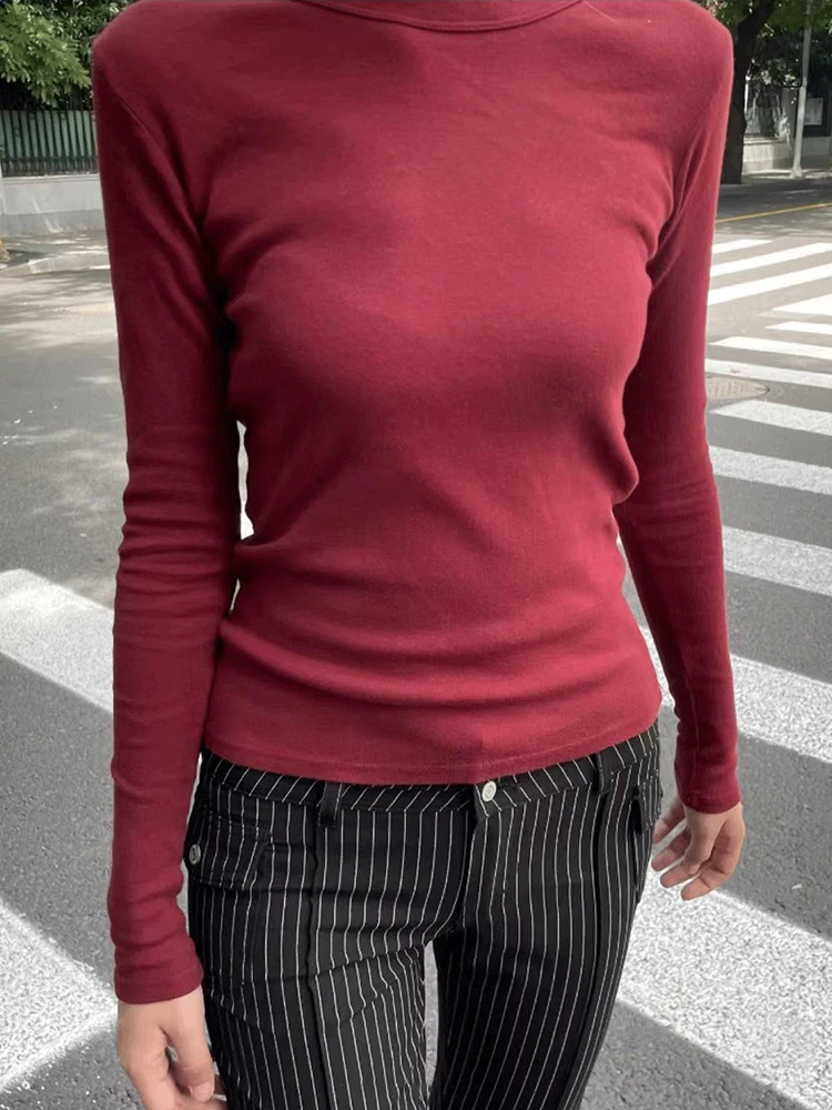 Vintage Cotton Basic Slim Long Sleeve T Shirt Women Autumn Simple O-Neck T-shirts Clothes Casual Streetwear Solid Tees Tops Y2k