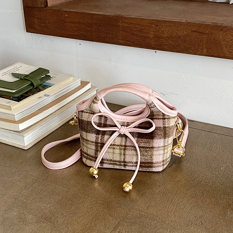 2026 New Sweet Vintage Mini Handbag for Women Plaid Leopard Pattern Bow Bell Ornament Woolen Cloth Removable Strap Crossbody Bag
