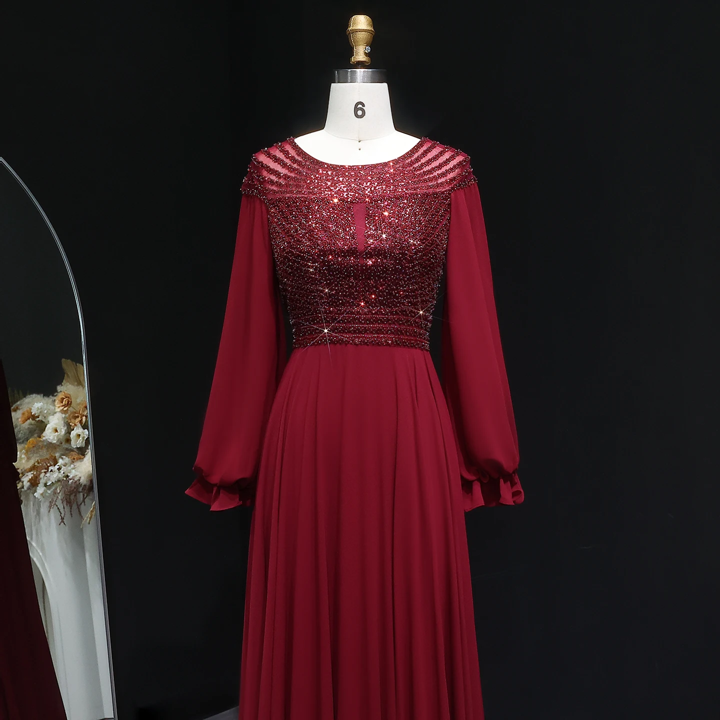 シャロンはアラビア語ネイビーブルーのイブニングドレス長袖エレガントな高級ビーズの女性のウェディングパーティードレスSF354カスタマイズ