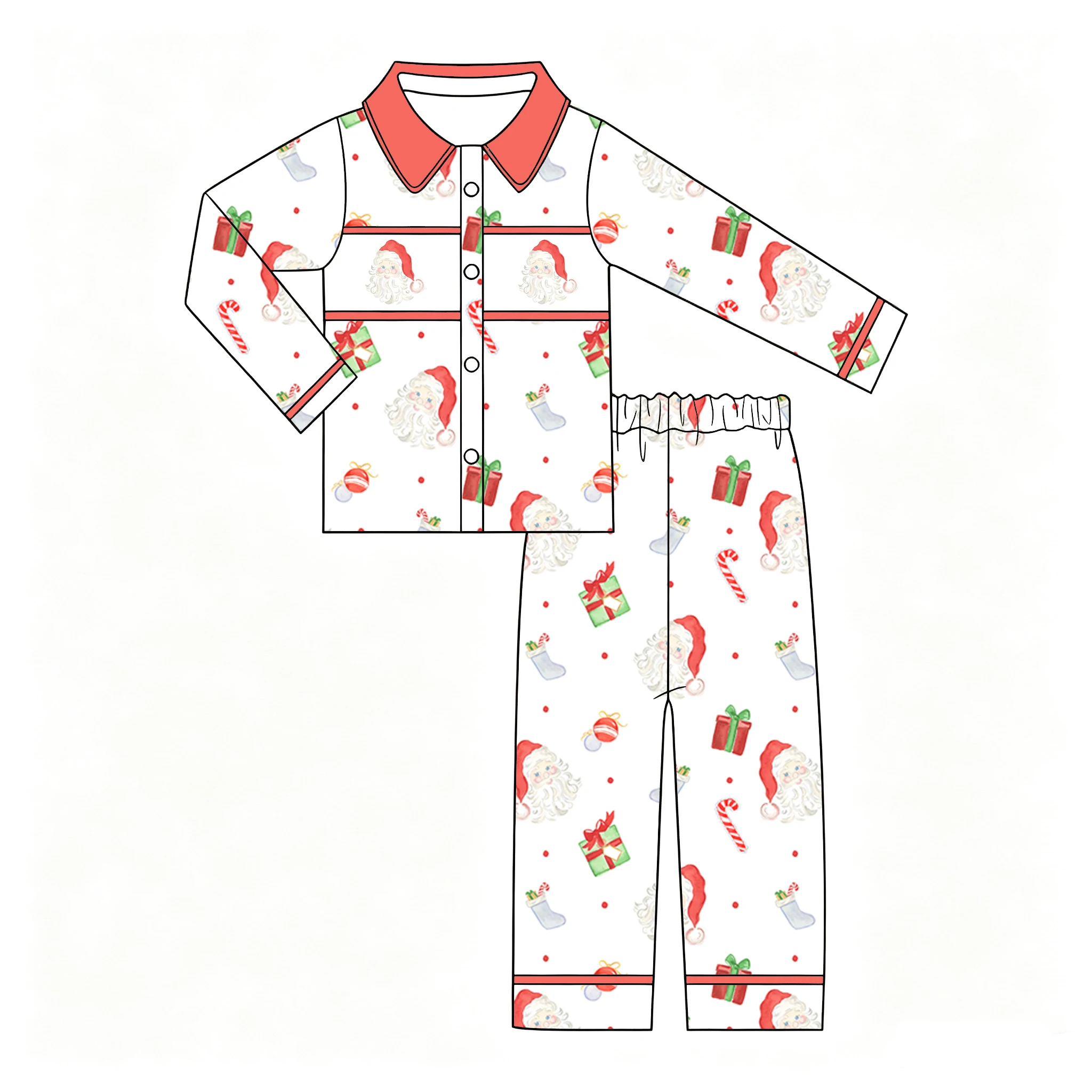 Wholesale Christmas Children's Clothing Long-Sleeve Top & Pants Santa Claus Print Boy Girl Set Heart-shaped Pocket Milk Silk 2 P