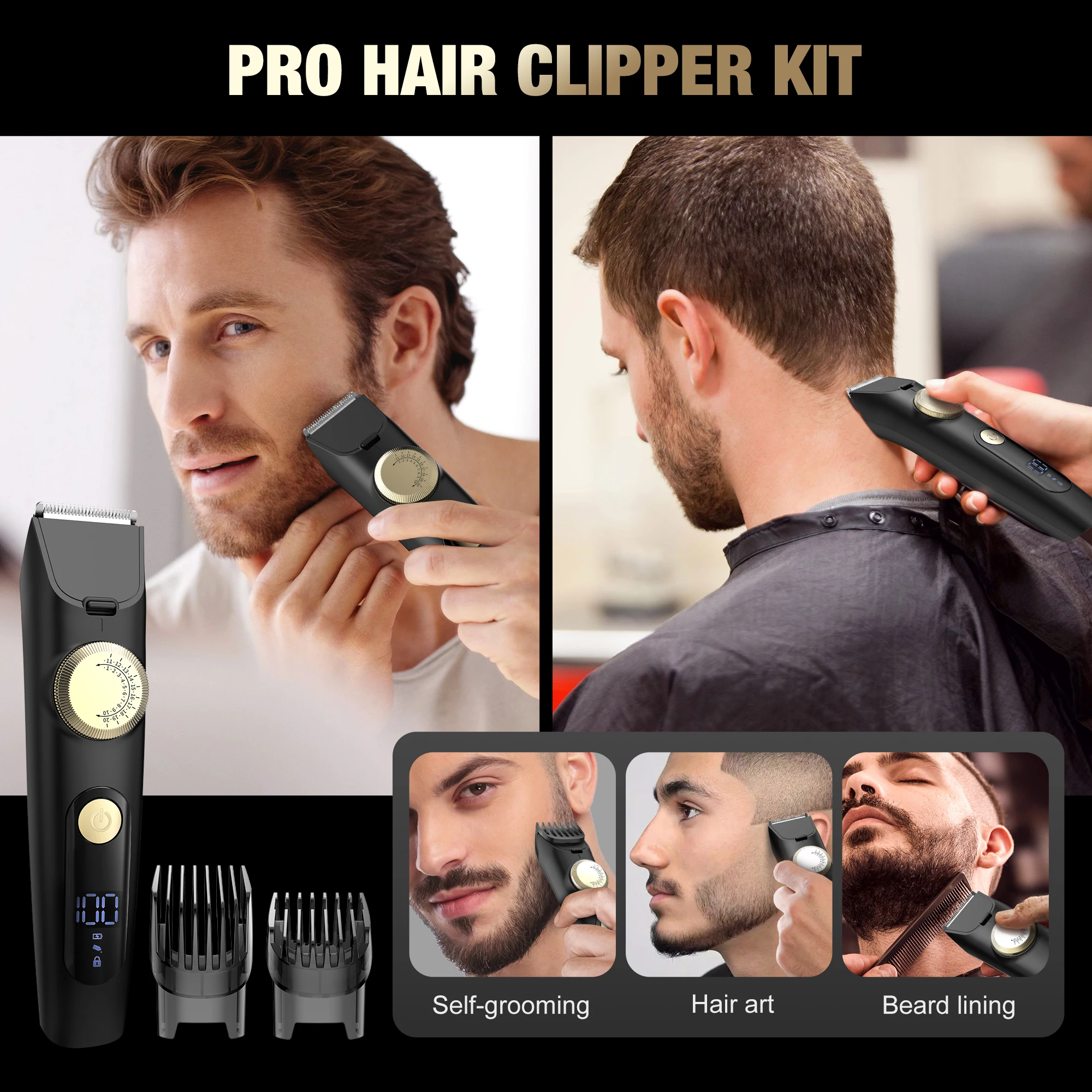 Aparador de cabelo elétrico sem fio para homens, profissional Hair Clippers, display LED recarregável, IPX7 máquina de corte impermeável