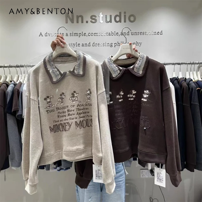 

Women's Short Jacket Loose Casual Hoodies Heavy Embroidery Letter Cartoon Design Color-Block Turn-Down Collar Fleece Sweatshirts