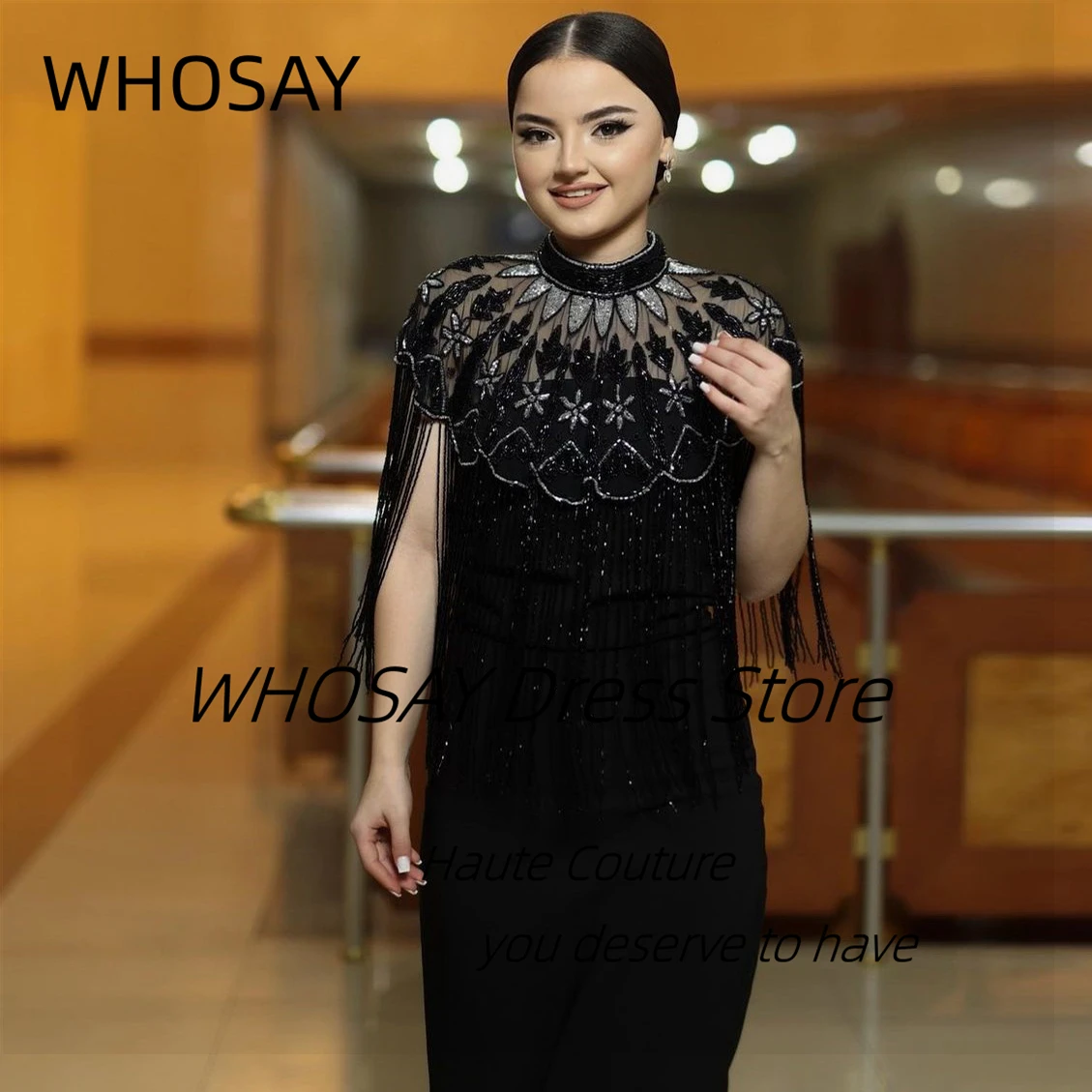 WHOSAY Black Prom Dresses Luxury Beading Tassels Wraps Pageant Party Saudi Arabia Ankle Length Bride Evening Gowns image 5