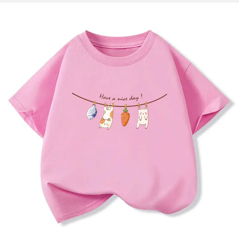 2-12 Year Cotton Cute Fish and Cat Tshirt for Girls Summer Baby Kids T Shirt Short Sleeves Casual Y2K Girl Tops Tee Pink White