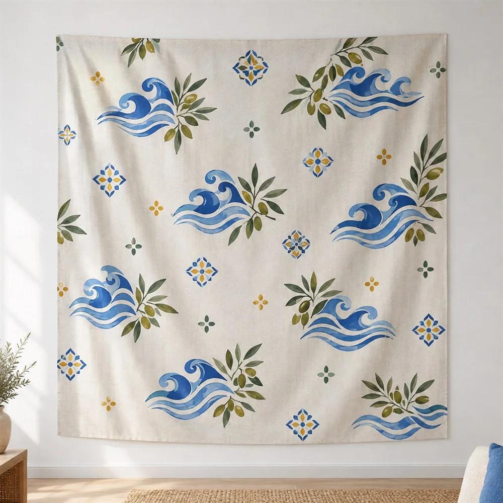 VIKAMA Wave Pattern Tiles Clustered Groups Tapestry Wall Hanging, Mediterranean Wall Decor Tapestries for Living Room Bedroom