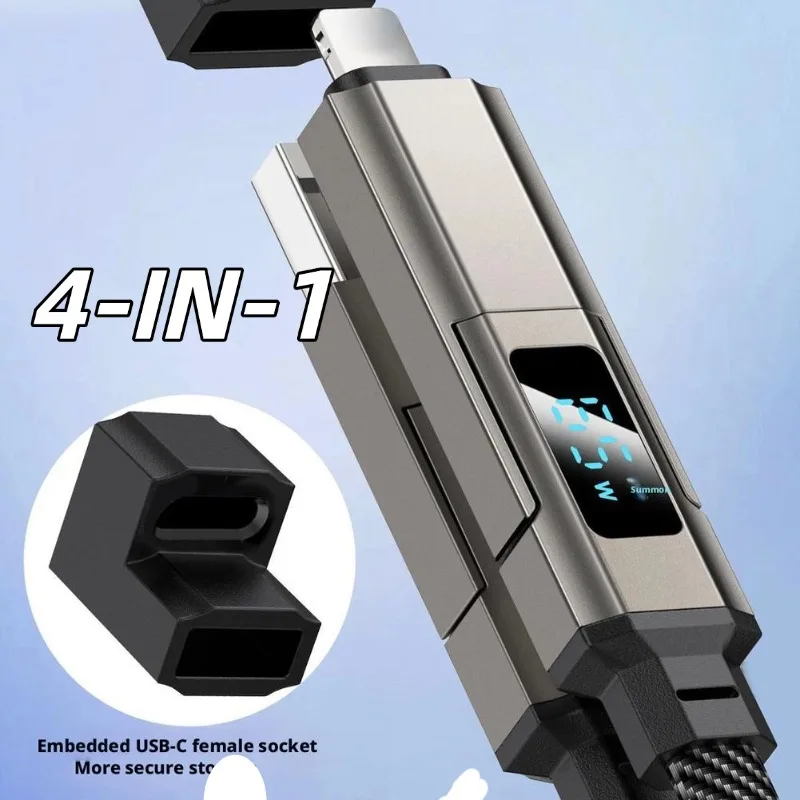 4 in 1 USB C Fast Charging Cable LED Display Keychain Lanyard Type C USB Adapter Cable Cord For iPhone 17 16 Xiaomi Samsung