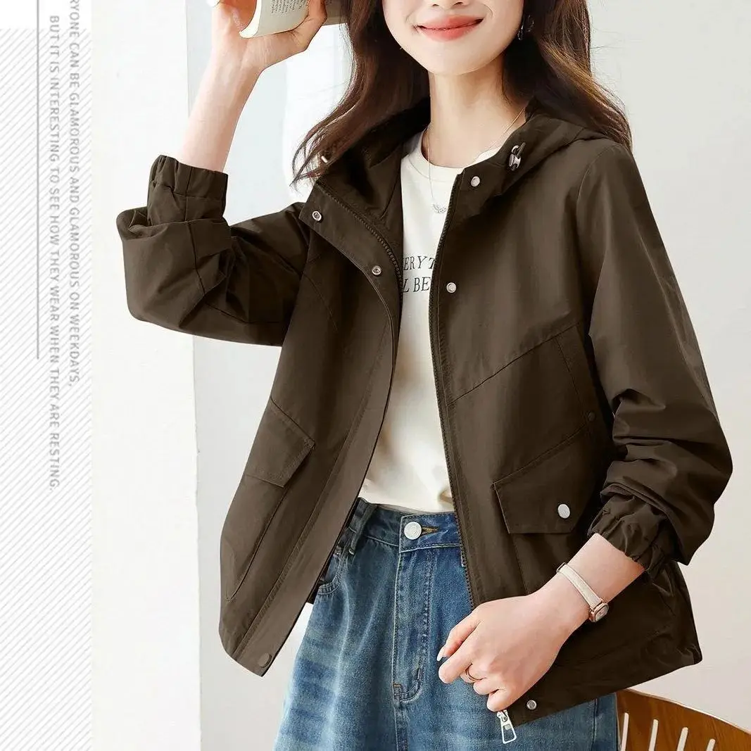 2026 Hooded Windbreaker Coat Feminine Casual Workwear Jacket Women's New Spring Autumn Outwear Age-reducing Outcoat Ladies Tops
