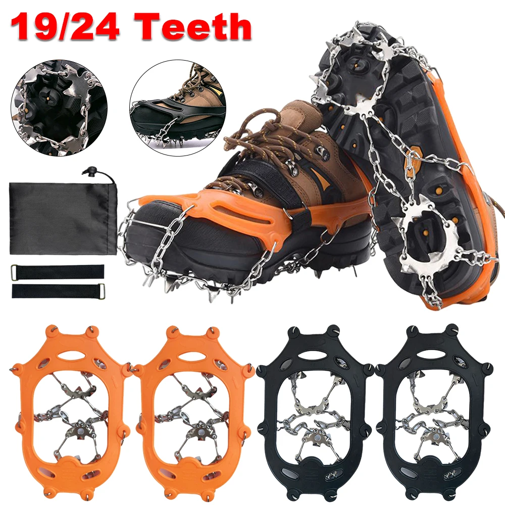 19 Teeth Winter Ice Claws Anti-Slip Snow Claw Shoe Covers with Storage Bag Stainless Steel Grips Chain Spike Unisex Climbing Acc